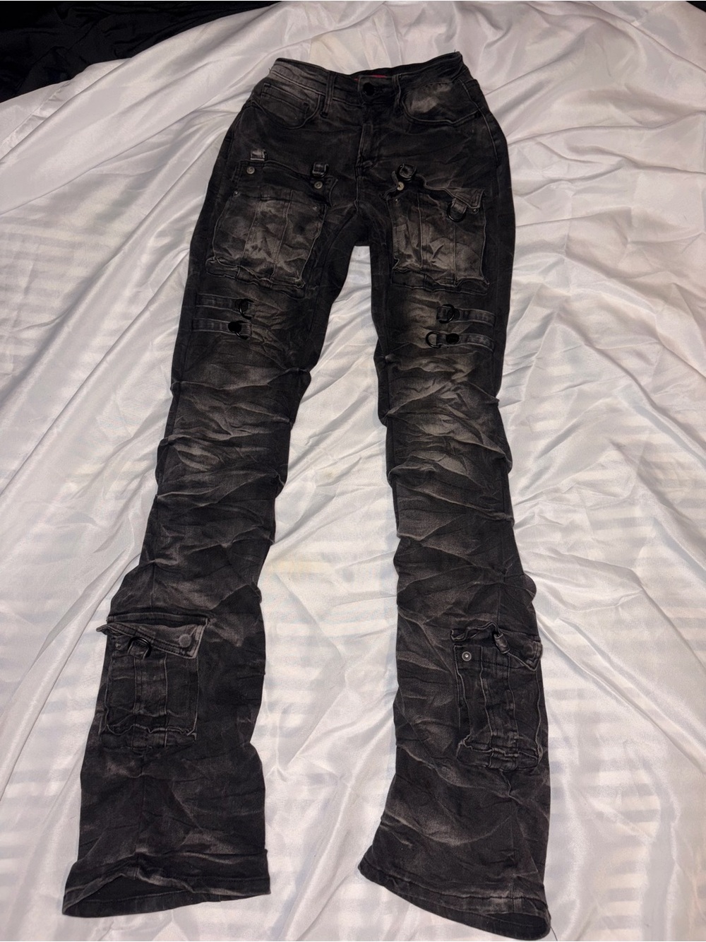 Black Distressed Wide-Leg Utility Jeans